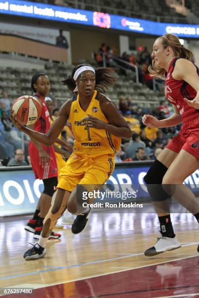 Victoria Macaulay of the Indiana Fever drives to the basket against the Washington Mystics on May 2, 2017 at Indiana Farmers Coliseum in...