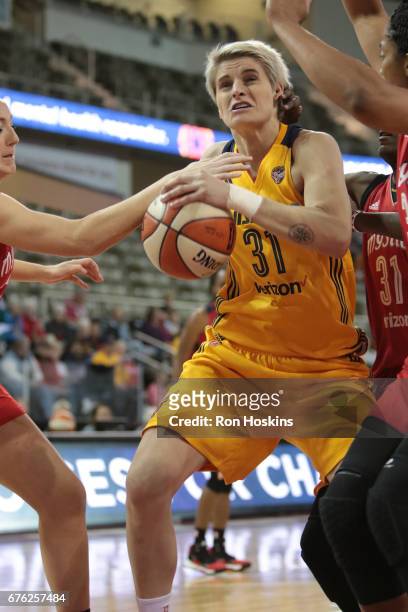 Nadia Colhado of the Indiana Fever handles the ball against the Washington Mystics on May 2, 2017 at Indiana Farmers Coliseum in Indianapolis,...