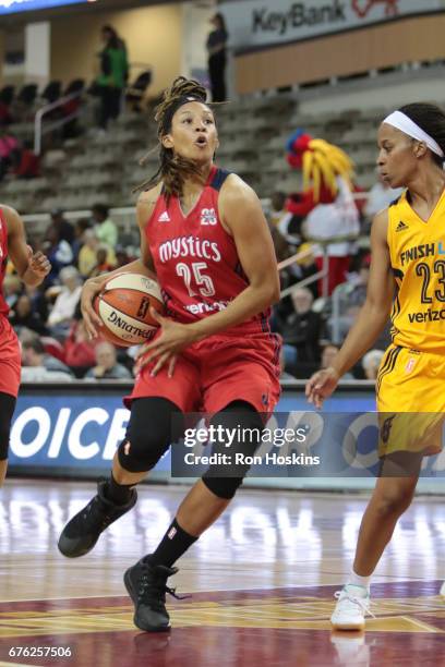 Jennie Simms of the Washington Mystics handles the ball against the Indiana Fever on May 2, 2017 at Indiana Farmers Coliseum in Indianapolis,...