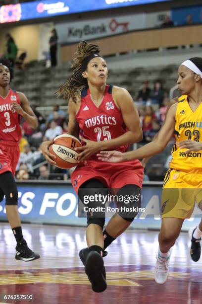 Jennie Simms of the Washington Mystics handles the ball against the Indiana Fever on May 2, 2017 at Indiana Farmers Coliseum in Indianapolis,...