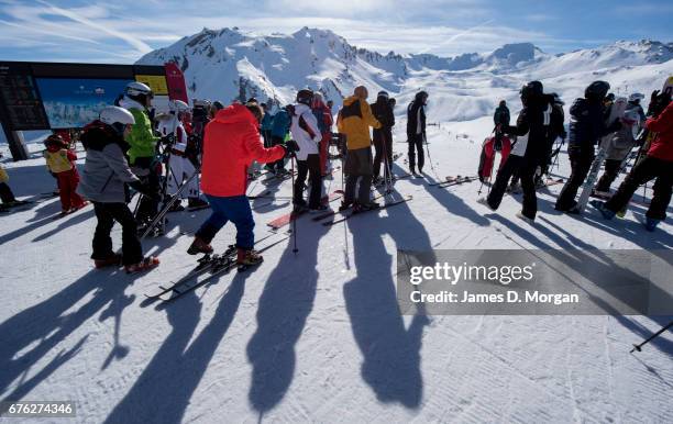 Scenes from the popular French ski resort on April 07, 2017 in Val D'Isere, France. With new tele cabinet, avalanche dogs on stand-by for skiers...