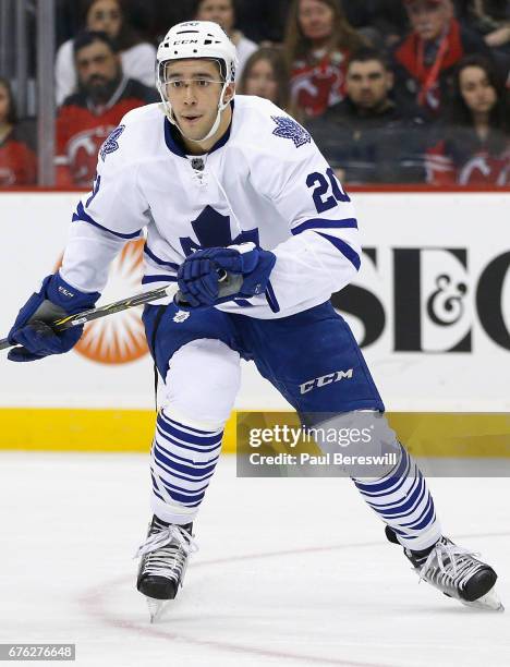 Frank Corrado of the Toronto Maple Leafs plays in the game against the New Jersey Devils at the Prudential Center on April 9, 2016 in Newark, New...