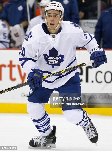 Frank Corrado of the Toronto Maple Leafs plays in the game against the New Jersey Devils at the Prudential Center on April 9, 2016 in Newark, New...