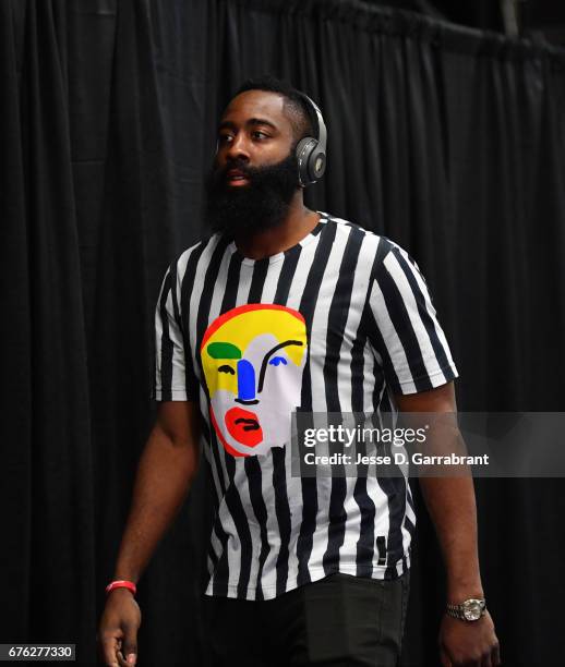 James Harden of the Houston Rockets arrives against the San Antonio Spurs in Game One of the Western Conference Semifinals of the 2017 NBA Playoffs...
