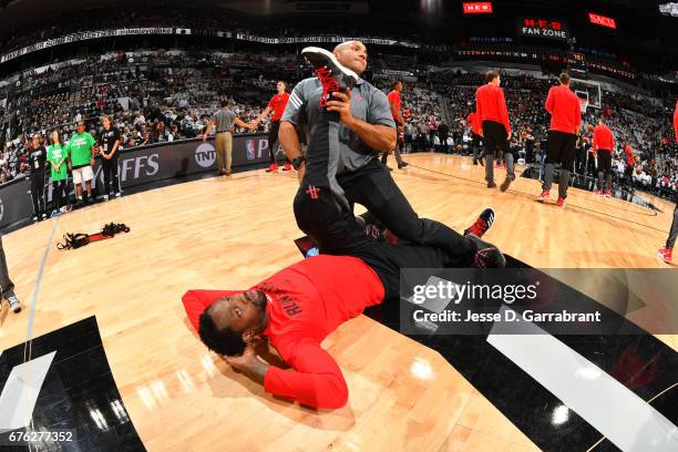 Patrick Beverley of the Houston Rockets gets stretched against the San Antonio Spurs in Game One of the Western Conference Semifinals of the 2017 NBA...