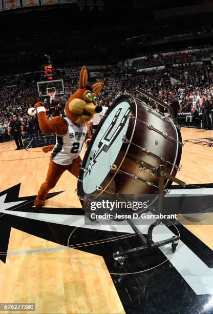 Mascot The Coyote of the San Antonio Spurs gets the crowd excited against the Houston Rockets in Game One of the Western Conference Semifinals of the...