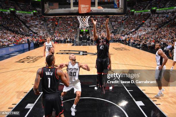 Nene of the Houston Rockets rebounds against the San Antonio Spurs in Game One of the Western Conference Semifinals of the 2017 NBA Playoffs on May...