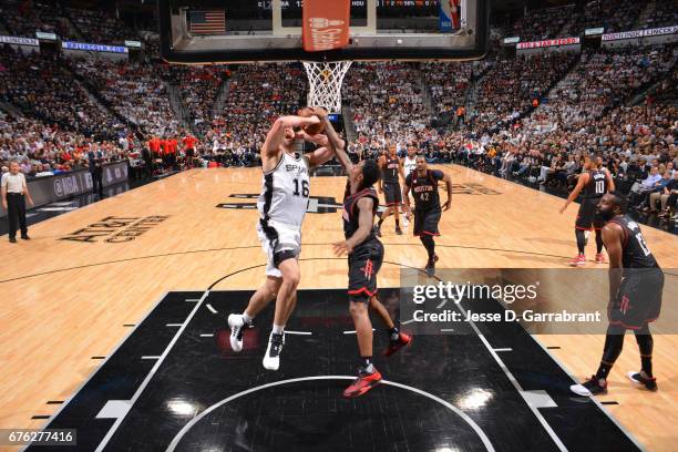 Lou Williams of the Houston Rockets blocks a shot against Pau Gasol of the San Antonio Spurs in Game One of the Western Conference Semifinals of the...