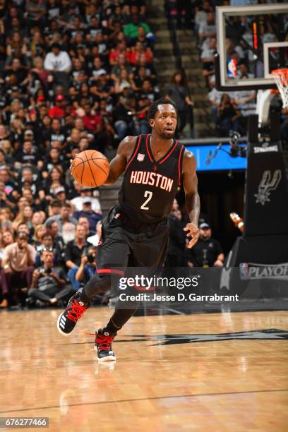 Patrick Beverley of the Houston Rockets drives against the San Antonio Spurs in Game One of the Western Conference Semifinals of the 2017 NBA...