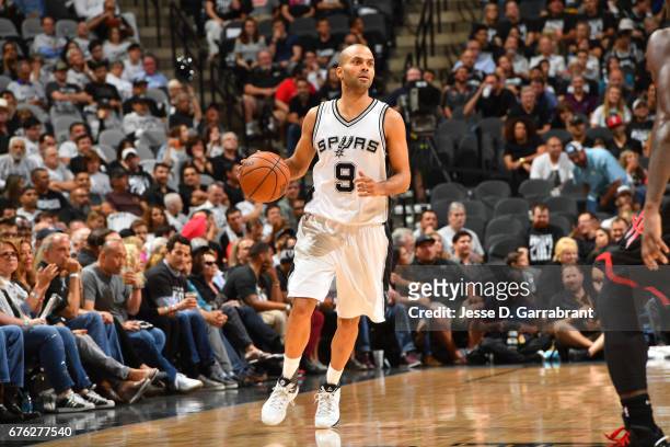 Tony Parker of the San Antonio Spurs drives against the Houston Rockets in Game One of the Western Conference Semifinals of the 2017 NBA Playoffs on...