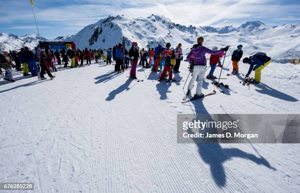 Scenes from the popular French ski resort on April 07, 2017 in Val D'Isere, France. With new tele cabinet, avalanche dogs on stand-by for skiers...