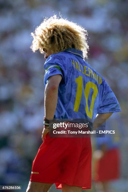 Colombia's captain Carlos Valderrama can't hide his disappointment as his side trail Romania by three goals to one.