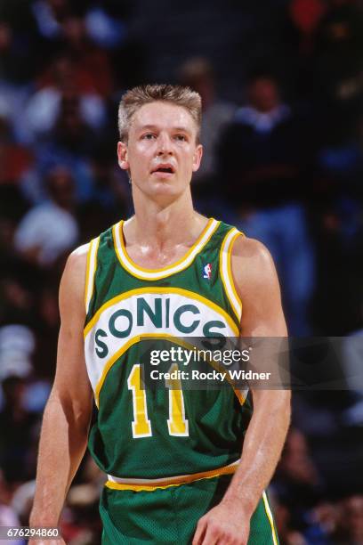 Detlef Schrempf of the Seattle SuperSonics walks against the Sacramento Kings circa 1994 at Arco Arena in Sacramento, California. NOTE TO USER: User...