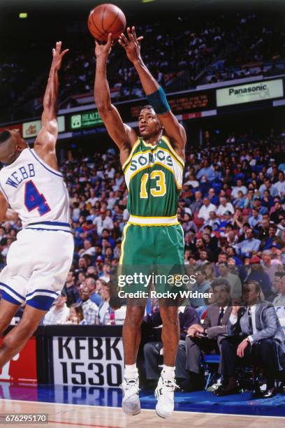 Kendall Gill of the Seattle SuperSonics shoots against the Sacramento Kings circa 1994 at Arco Arena in Sacramento, California. NOTE TO USER: User...