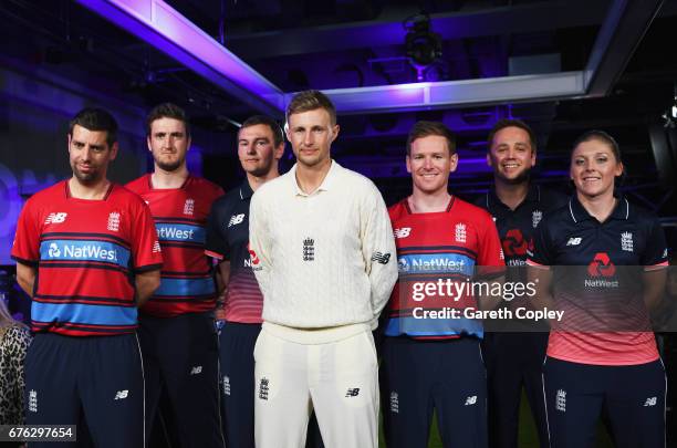 Matthew Dean, Paul Allen, Chris Edwards, Joe Root, Eoin Morgan, Ian Nairn and Heather Knight of England pose during the New Balance England Cricket...