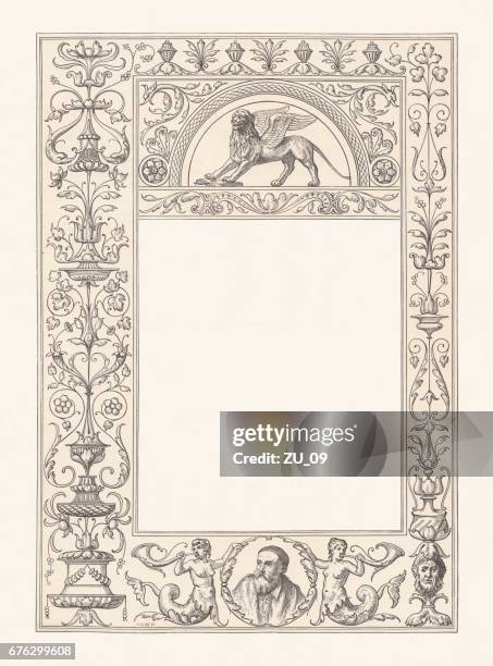 illustrazioni stock, clip art, cartoni animati e icone di tendenza di cornice rinascimentale veneziana con spazio di copia, incisione su legno, pubblicata nel 1884 - cartouche