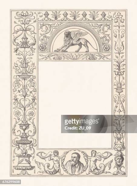 venetian renaissance frame with copy space, wood engraving, published 1884 - renaissance pattern stock illustrations