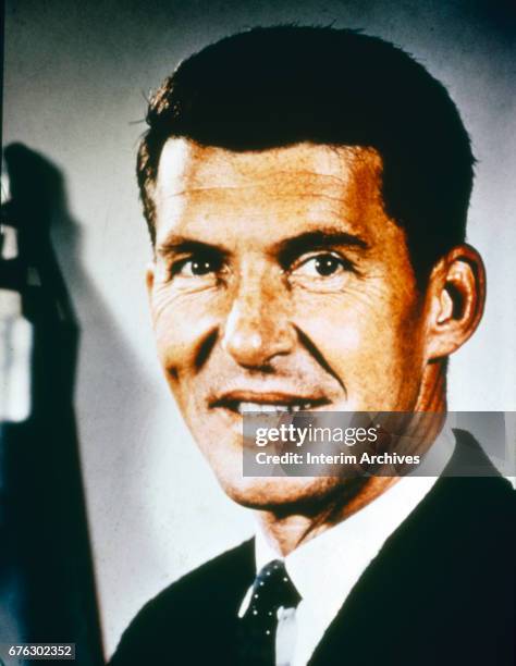 Headshot portrait of American astronaut Walter 'Wally' Schirra , Florida, 1960s. Schirra was a member of the original Mercury Seven astronauts.