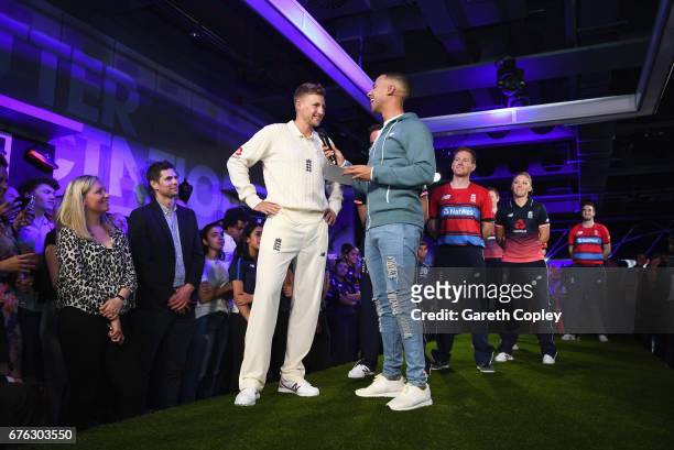 Joe Root, England Test captain talks with TV presenter and Radio DJ Marvin Humes during the New Balance England Cricket Kit Launch at the New Balance...