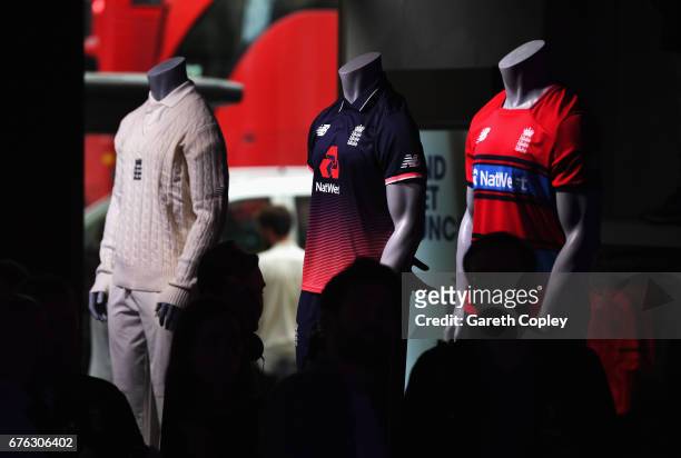 General view showing the Test, One Day and Twenty20 kit during the New Balance England Cricket Kit Launch at the New Balance store, Oxford Street on...