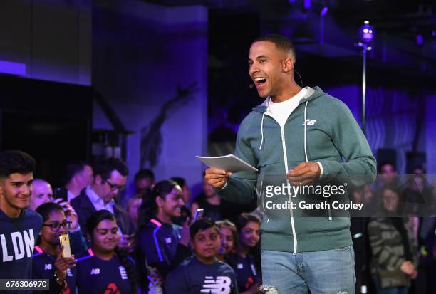 Presenter and Radio DJ Marvin Humes talks during the New Balance England Cricket Kit Launch at the New Balance store, Oxford Street on May 2, 2017 in...