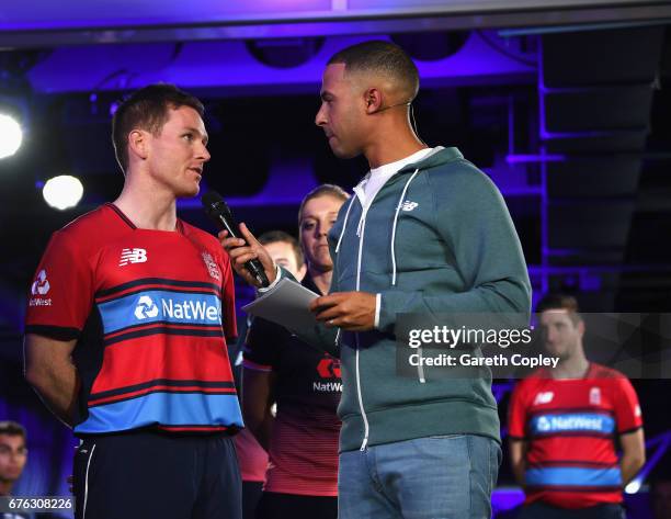 Eoin Morgan, England One day and Twenty20 captain talks with TV presenter and Radio DJ Marvin Humes during the New Balance England Cricket Kit Launch...