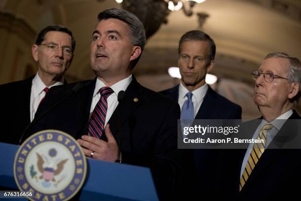 Sen. Cory Gardner , flanked by Sen. John Barrasso , Sen. John Thune and Majority Leader Mitch McConnell , speaks with the media after their weekly...