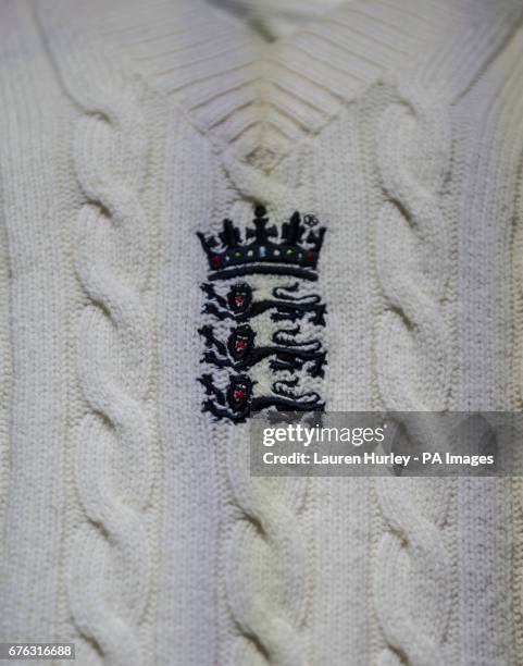 View of the England badge on a jumper during the kit launch at the New Balance flagship store in Oxford Street, London.