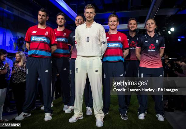 England's Matthew Dean, Paul Allen, Chris Edwards, Joe Root, Eoin Morgan, Ian Nairn and Heather Knight during the kit launch at the New Balance...