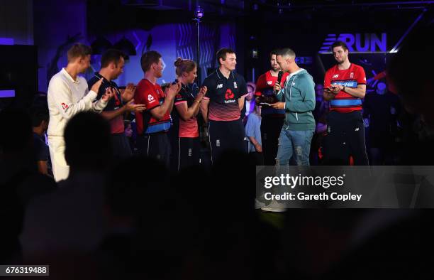 Chris Edwards of England talks with TV presenter and Radio DJ Marvin Humes during the New Balance England Cricket Kit Launch at the New Balance...