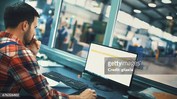 control room at a modern industrial production line. - cnc maschine stock pictures, royalty-free photos & images