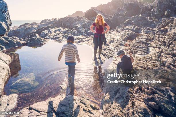 mother and sons at rock pool - cornwall england stock-fotos und bilder