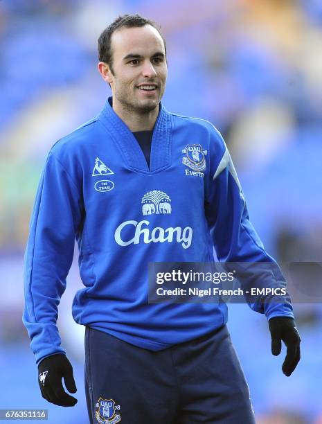 Everton's Landon Donovan warms up for his last home game at Goodison Park.