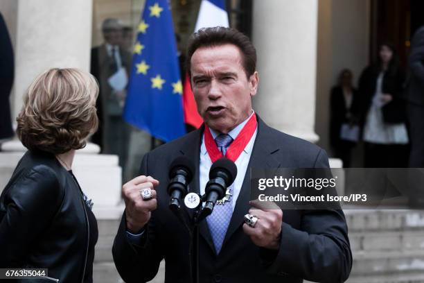 French President Francois Hollande decorated Former Governor of California and current Founding President of Regions of Climate Action Arnold...
