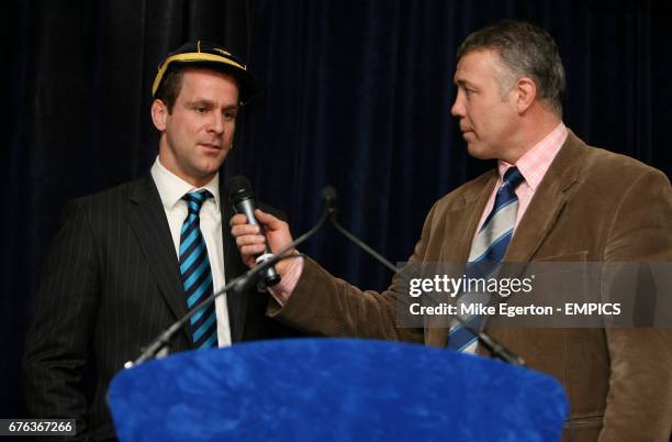 Scotland's Chris Paterson with his 100th Cap is interviewed by former Scotland player Scott Hastings