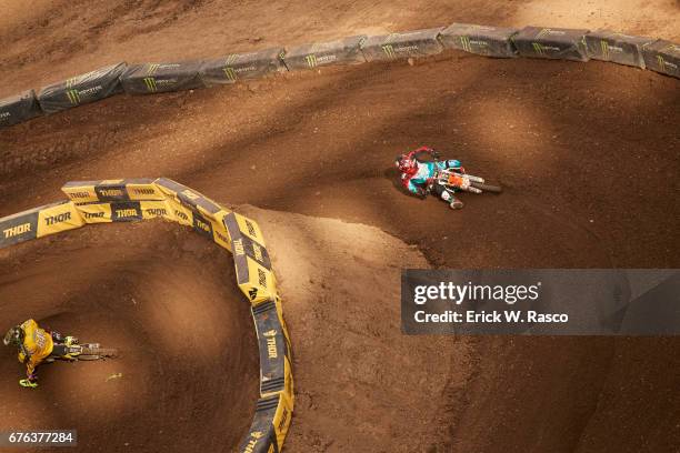 Monster Energy AMA Supercross: Aerial view of Team RMATVMC Davi Millsaps and Cheyenne Harmon in action during competition at MetLife Stadium. East...