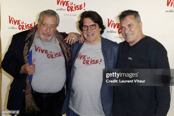 Actor Jean-Claude Dreyfus, Director Jean-Francois Davy and Actor Jean-Marie Bigard attend "Vive La Crise" Paris Premiere at Cinema Max Linder on May...