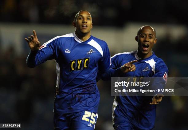 Millwall's Sean Batt celebrates his goal with Jimmy Adou