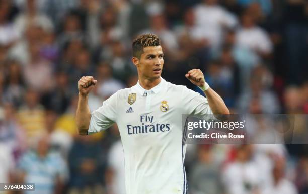 Cristiano Ronaldo of Real Madrid celebrates victory after the UEFA Champions League semi final first leg match between Real Madrid CF and Club...