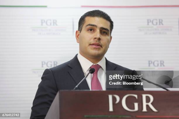 Omar Hamid Garcia Harfuch, director of the criminal investigation agency , speaks during a press conference to announce the capture of Damaso "El...