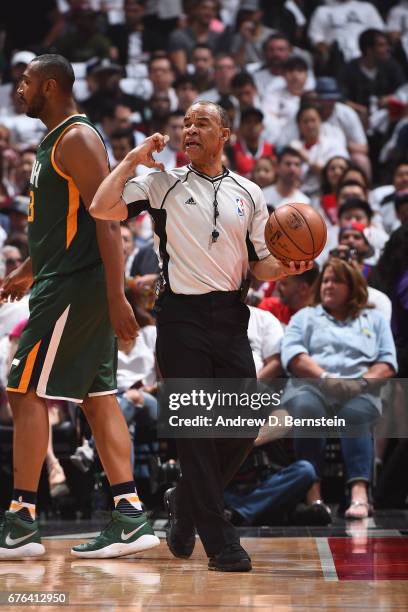 Referee, Dan Crawford officiates during Game Seven of the Western Conference Quarterfinals between the Utah Jazz and the LA Clippers during the 2017...