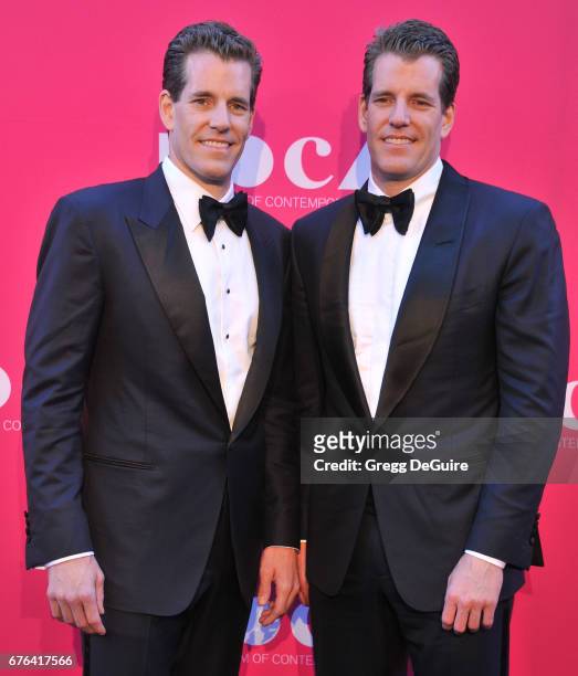 Cameron Winklevoss and Tyler Winklevoss arrive at the MOCA Gala 2017 at The Geffen Contemporary at MOCA on April 29, 2017 in Los Angeles, California.