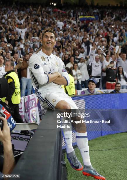 Cristiano Ronaldo of Real Madrid celebrates his team's second goal during the UEFA Champions League Semi Final first leg match between Real Madrid CF...