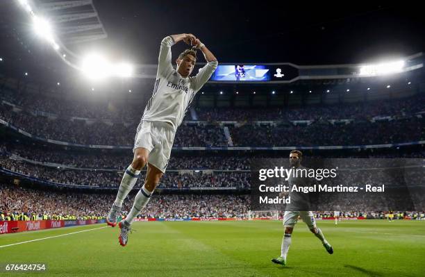 Cristiano Ronaldo of Real Madrid celebrates his team's second goal during the UEFA Champions League Semi Final first leg match between Real Madrid CF...