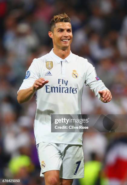 Cristiano Ronaldo of Real Madrid celebrates victory after the UEFA Champions League semi final first leg match between Real Madrid CF and Club...