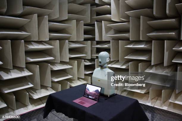 Microsoft Surface Laptop computer sits in a soundproof anechoic chamber, used for development of the device's speakers, at the hardware lab of the...