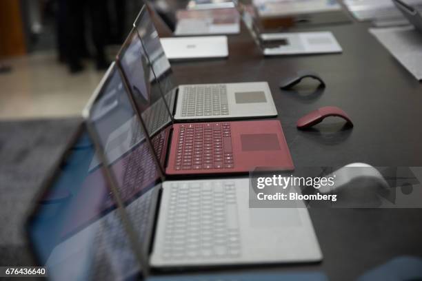 New Surface Laptop computers are displayed at the hardware lab of the Microsoft Corp. Main campus in Redmond, Washington, U.S., on Thursday, April...