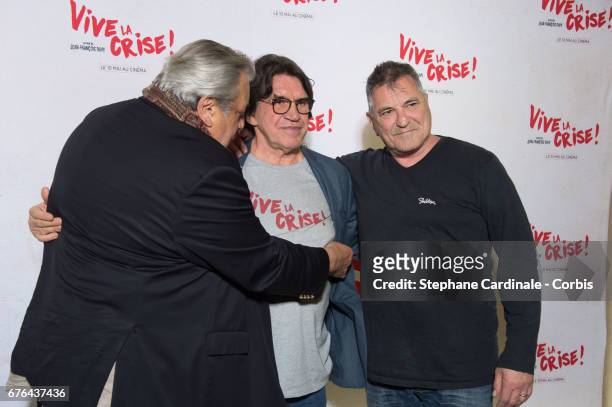 Actor Jean-Claude Dreyfus, Director Jean-Francois Davy and actor Jean-Marie Bigard attend the "Vive La Crise" Paris Premiere at Cinema Max Linder on...