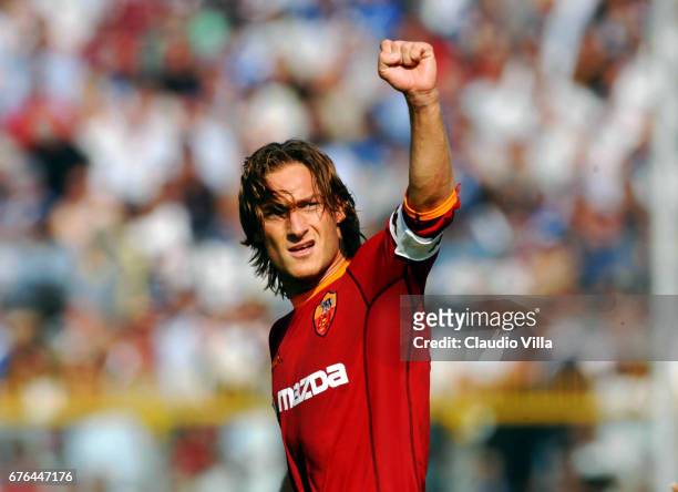 Francesco Totti of Roma celebrates during the Serie A 4th round league match played between BRESCIA and ROMA at the M. RIGAMONTI stadium in Brescia,...