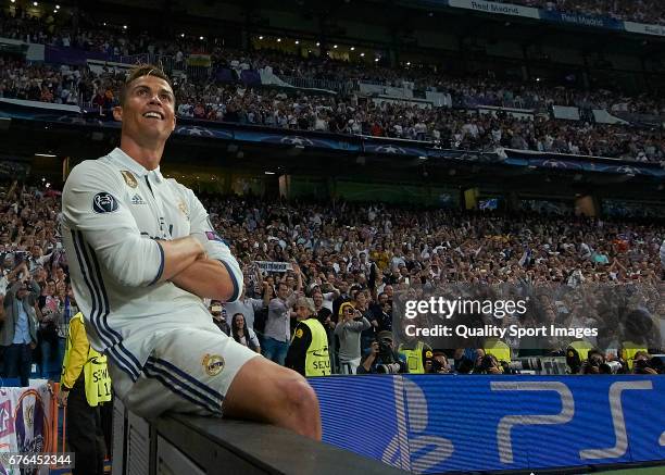 Cristiano Ronaldo of Real Madrid celebrates after scoring the second goal during the UEFA Champions League Semi Final first leg match between Real...